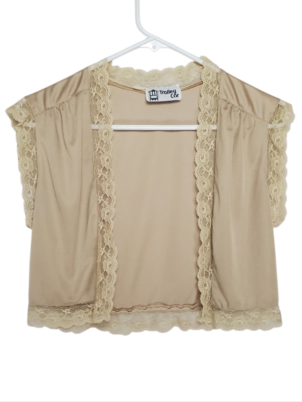 🟢2633 * Trolley Car Vintage Bolero Shrug Lace Trim Bed Jacket Tan Size Unknown